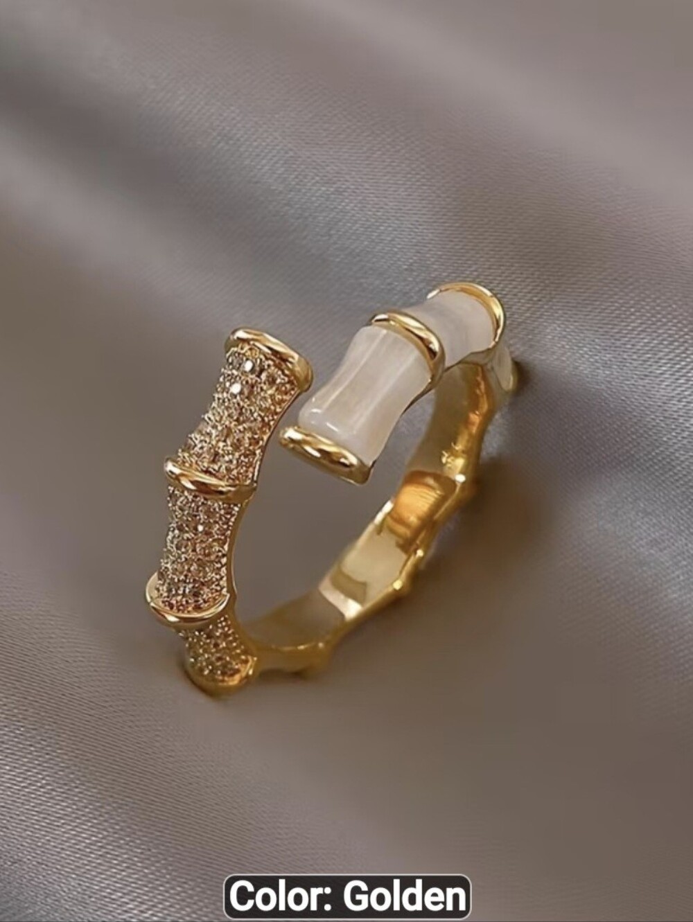 🎋🎋NEW🎋🎋 GORGEOUS!! CZ Adjustable Bamboo And Cat Eye Stone Ring In GOLD Plati